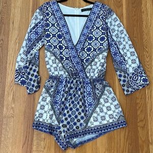 White Fox Blue/White Print Romper